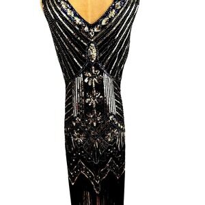 Black Dress with Gold sequins M With Bottom Fringe, Sexy, Heavy Embellishments